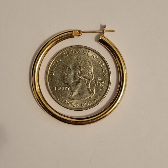 **SOLD&**14k Yellow Gold Round Hoop Earrings 35X2mm ≈2.8 gr - Picture 3 of 8